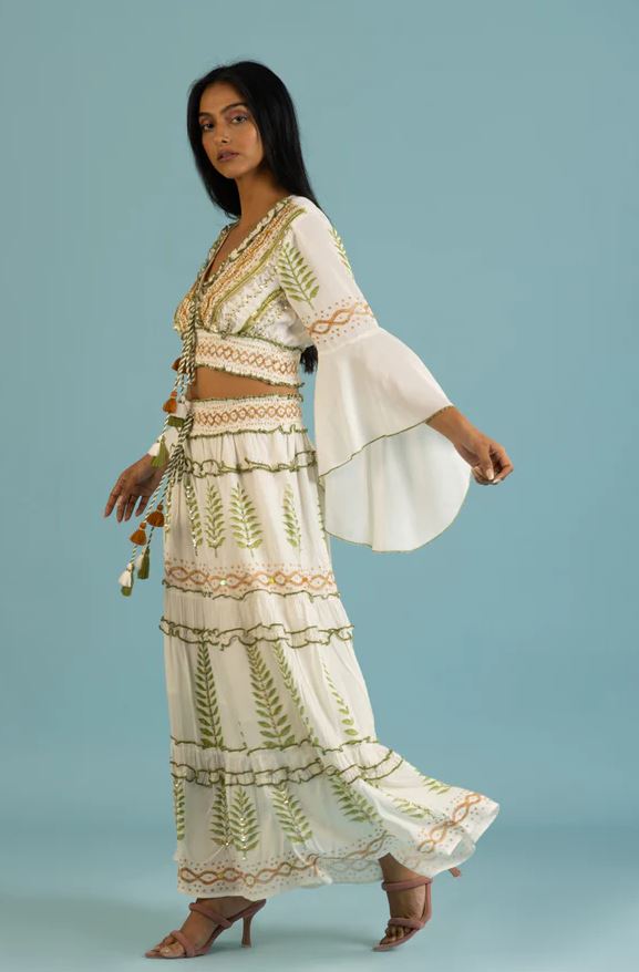 Boho Green Leaf Cotton Two-Piece Set - Orange & Green Embroidered Crop Top & Tiered Maxi Skirt with Mirror Sequins, Tassel Ties & Bell Sleeves | Women's Festival, Beach & Resort Co-ord Outfit