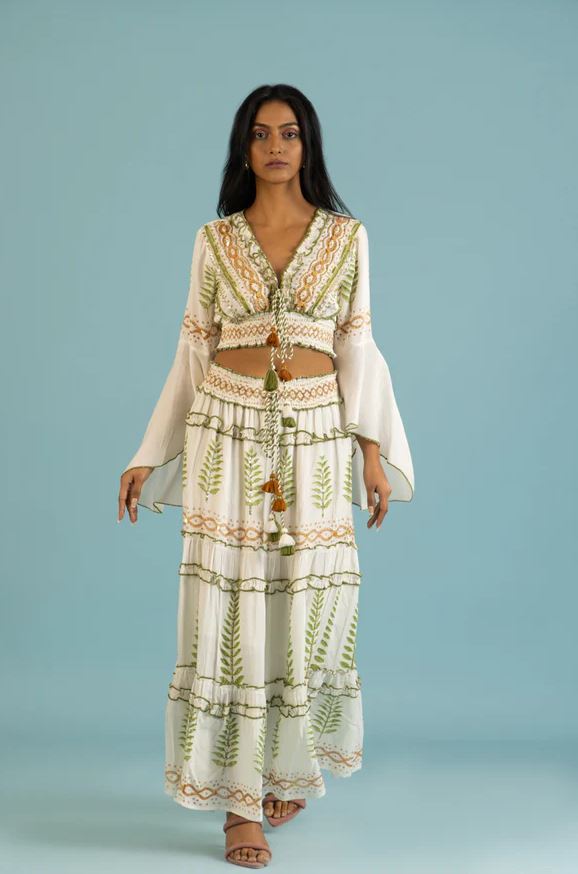 Boho Green Leaf Cotton Two-Piece Set - Orange & Green Embroidered Crop Top & Tiered Maxi Skirt with Mirror Sequins, Tassel Ties & Bell Sleeves | Women's Festival, Beach & Resort Co-ord Outfit