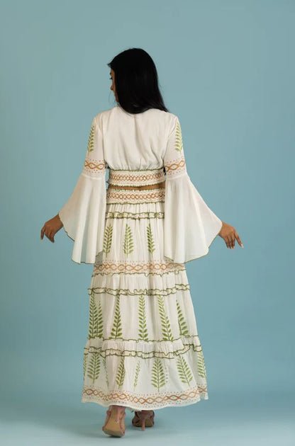 Boho Green Leaf Cotton Two-Piece Set - Orange & Green Embroidered Crop Top & Tiered Maxi Skirt with Mirror Sequins, Tassel Ties & Bell Sleeves | Women's Festival, Beach & Resort Co-ord Outfit