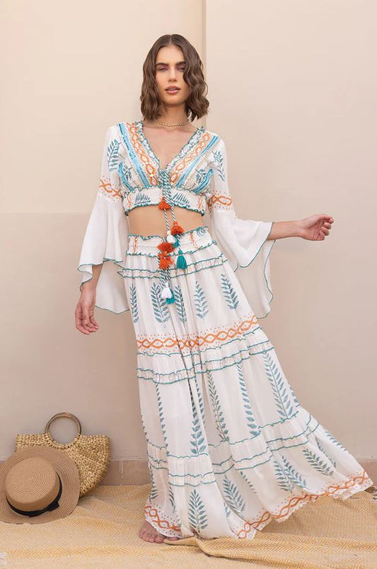 Boho Botanical White Cotton Two-Piece Set - Teal & Orange Leaf Fern Embroidered Crop Top & Tiered Maxi Skirt with Tassel Ties & Bell Sleeves | Women's Festival, Beach & Resort Co-ord Outfit