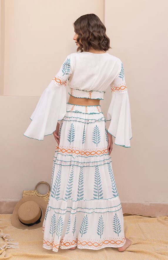 Boho Botanical White Cotton Two-Piece Set - Teal & Orange Leaf Fern Embroidered Crop Top & Tiered Maxi Skirt with Tassel Ties & Bell Sleeves | Women's Festival, Beach & Resort Co-ord Outfit