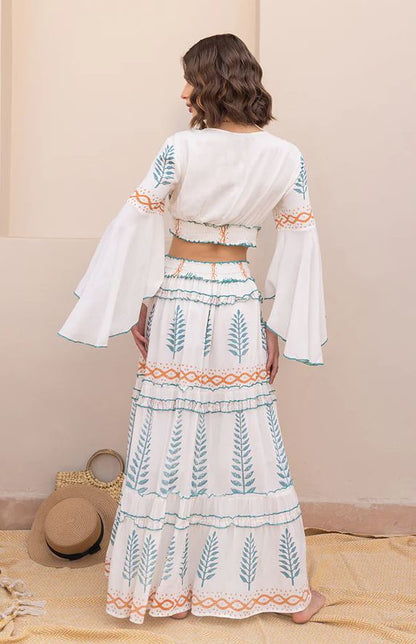 Boho Botanical White Cotton Two-Piece Set - Teal & Orange Leaf Fern Embroidered Crop Top & Tiered Maxi Skirt with Tassel Ties & Bell Sleeves | Women's Festival, Beach & Resort Co-ord Outfit