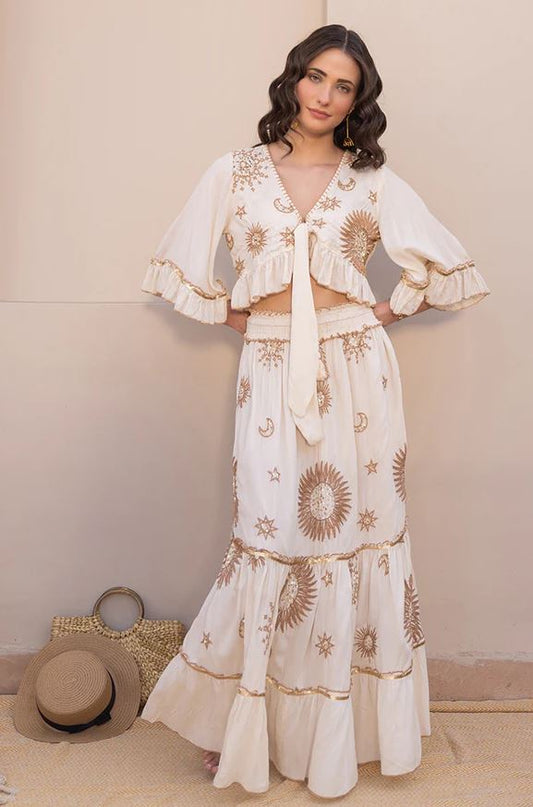 Celestial Boho Two-Piece Set - Embroidered Crop Top & Tiered Maxi Skirt with Sun Moon Star Motifs, Gold Sequin Details & Tie-Front | Women's Festival, Resort & Vacation Co-ord Outfit in Cream