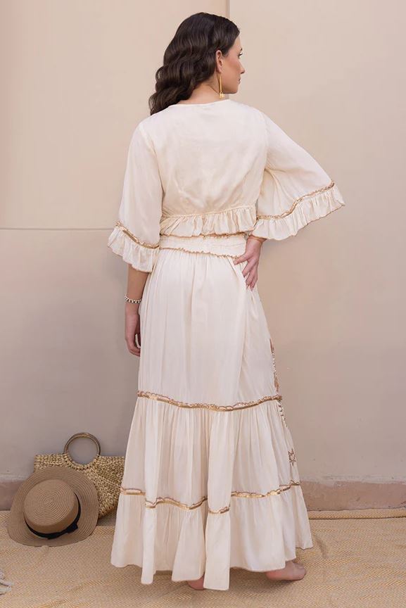 Celestial Boho Two-Piece Set - Embroidered Crop Top & Tiered Maxi Skirt with Sun Moon Star Motifs, Gold Sequin Details & Tie-Front | Women's Festival, Resort & Vacation Co-ord Outfit in Cream