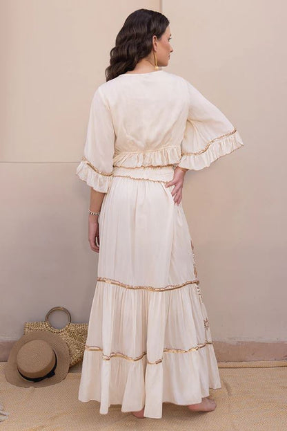 Celestial Boho Two-Piece Set - Embroidered Crop Top & Tiered Maxi Skirt with Sun Moon Star Motifs, Gold Sequin Details & Tie-Front | Women's Festival, Resort & Vacation Co-ord Outfit in Cream