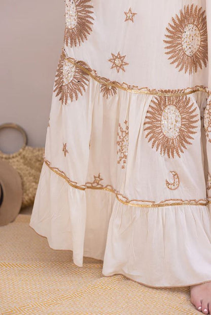 Celestial Boho Two-Piece Set - Embroidered Crop Top & Tiered Maxi Skirt with Sun Moon Star Motifs, Gold Sequin Details & Tie-Front | Women's Festival, Resort & Vacation Co-ord Outfit in Cream
