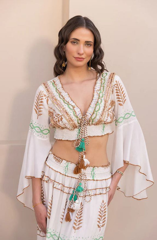 Boho White Cotton Two-Piece Set - Embroidered Crop Top & Tiered Maxi Skirt with Leaf Print, Tassel Ties & Bell Sleeves | Women's Festival, Beach & Resort Co-ord Outfit