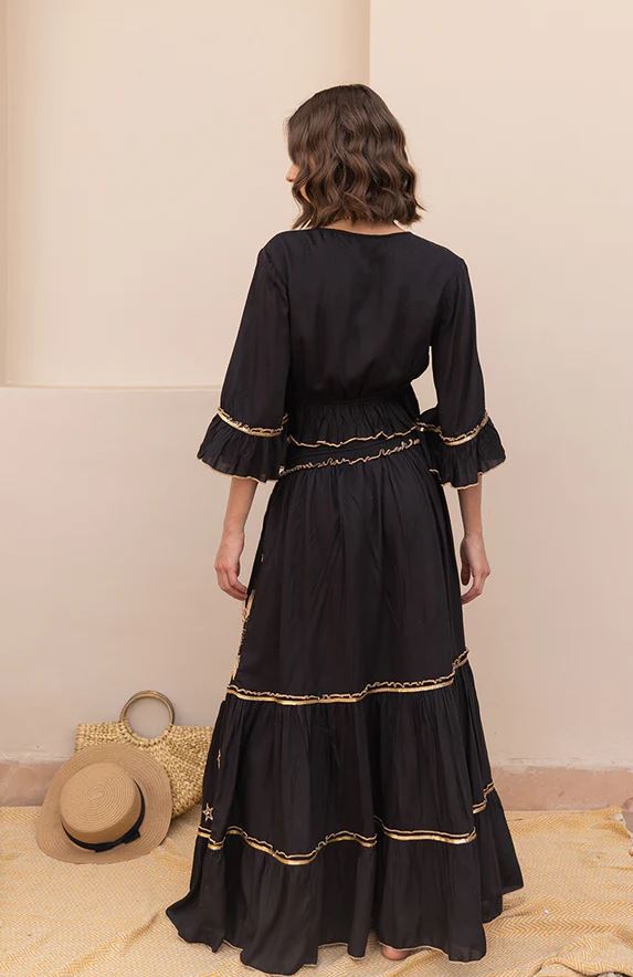 Mystic Boho Black Cotton Two-Piece Set - Celestial Sun Moon Star Embroidered Crop Top & Tiered Maxi Skirt with Gold Sequin Details | Women's Festival & Resort Co-ord