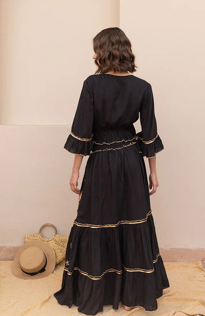 Mystic Boho Black Cotton Two-Piece Set - Celestial Sun Moon Star Embroidered Crop Top & Tiered Maxi Skirt with Gold Sequin Details | Women's Festival & Resort Co-ord