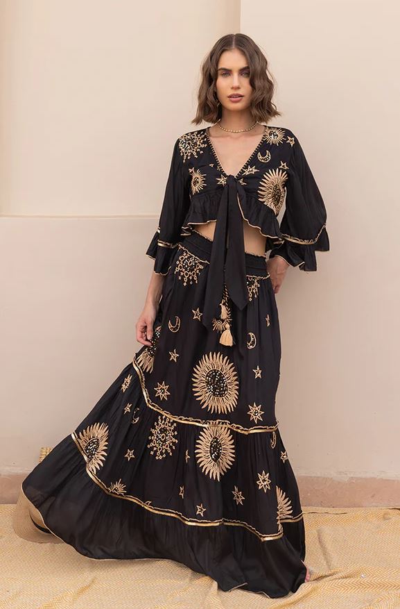 Mystic Boho Black Cotton Two-Piece Set - Celestial Sun Moon Star Embroidered Crop Top & Tiered Maxi Skirt with Gold Sequin Details | Women's Festival & Resort Co-ord