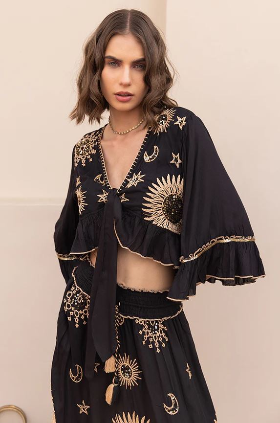 Mystic Boho Black Cotton Two-Piece Set - Celestial Sun Moon Star Embroidered Crop Top & Tiered Maxi Skirt with Gold Sequin Details | Women's Festival & Resort Co-ord