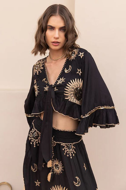 Mystic Boho Black Cotton Two-Piece Set - Celestial Sun Moon Star Embroidered Crop Top & Tiered Maxi Skirt with Gold Sequin Details | Women's Festival & Resort Co-ord