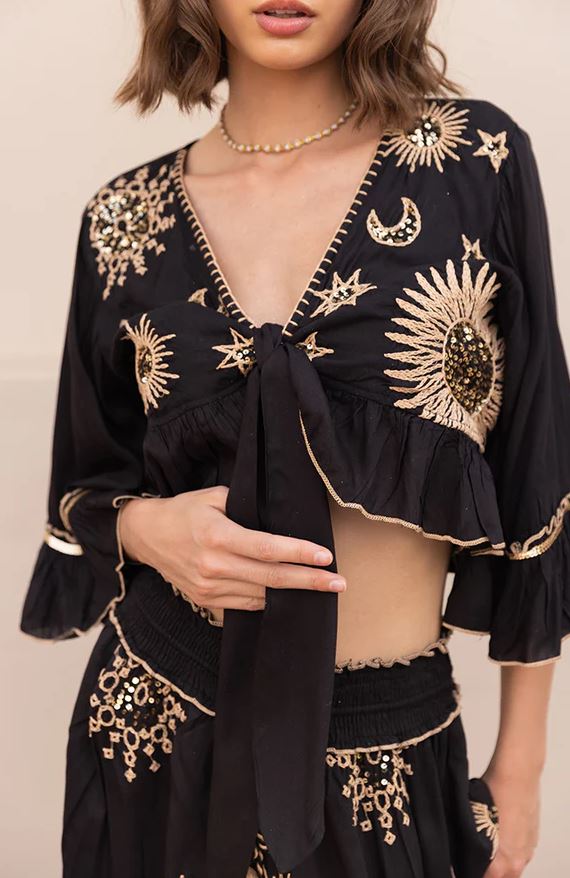 Mystic Boho Black Cotton Two-Piece Set - Celestial Sun Moon Star Embroidered Crop Top & Tiered Maxi Skirt with Gold Sequin Details | Women's Festival & Resort Co-ord