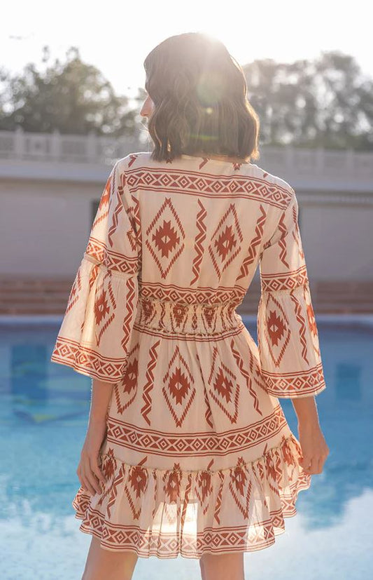 Boho Chic Cotton Mini Dress - Red Aztec Geometric Print Bell Sleeve Sundress with Smocked Waist & Ruffle Hem | Women's Resort & Festival Wear