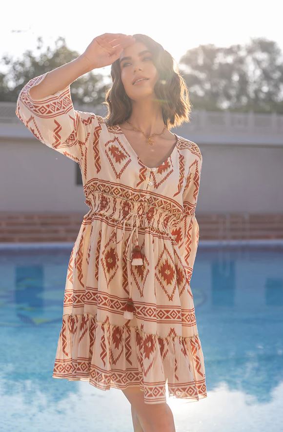 Boho Chic Cotton Mini Dress - Red Aztec Geometric Print Bell Sleeve Sundress with Smocked Waist & Ruffle Hem | Women's Resort & Festival Wear