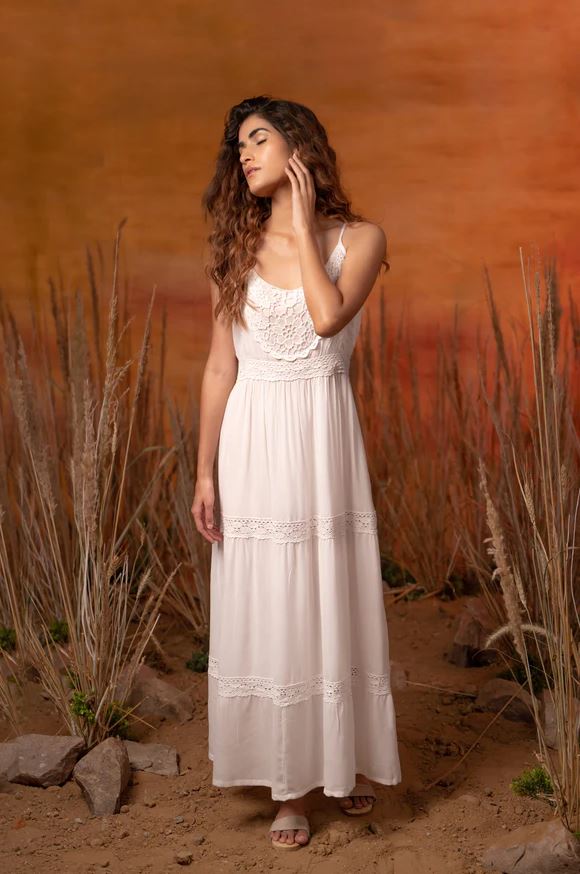 Boho Cotton Maxi Dress for Women – Lace Trim Tiered Sundress | Summer Beach Vacation Dress | Lightweight Bohemian White Dres