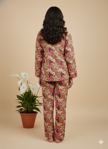 Luxury Hand-Block Floral Pajama Set | 100% Organic Cotton Sleepwear for Women | Artisan-Made Boho Loungewear with Matching Pouch