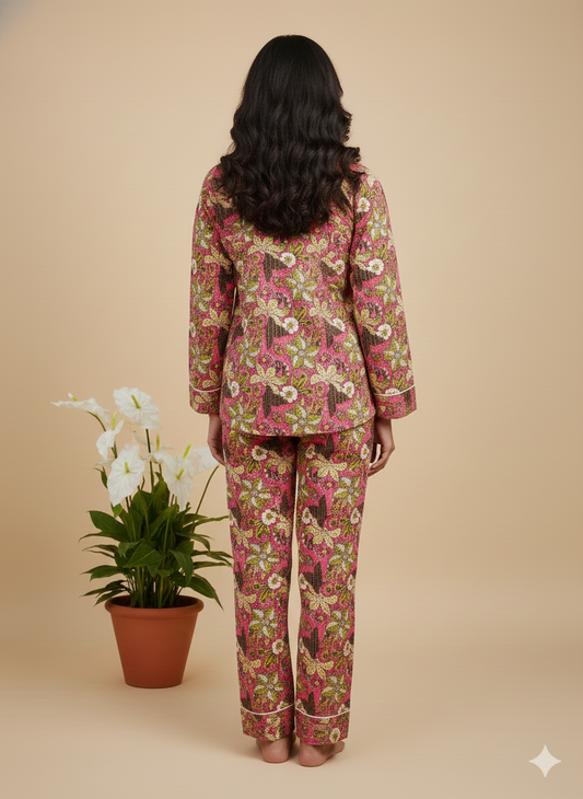 Luxury Hand-Block Floral Pajama Set | 100% Organic Cotton Sleepwear for Women | Artisan-Made Boho Loungewear with Matching Pouch