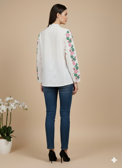 Pikaru Fashion Romantic Floral Embroidered Lace Top | Elegant V-Neck Boho Blouse for Women | Valentine's Day Special White Cotton Tunic | Long Sleeve Victorian Style Top for Spring & Summer