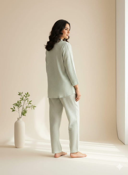 Women's Sage Green Striped 100% Cotton Pajama Set