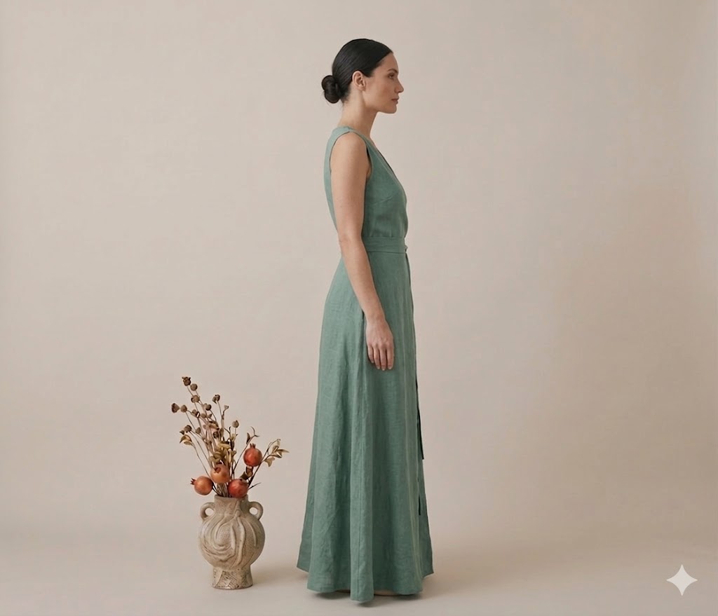Sage Green Linen Sleeveless Wrap Maxi Dress