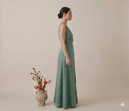 Sage Green Linen Sleeveless Wrap Maxi Dress