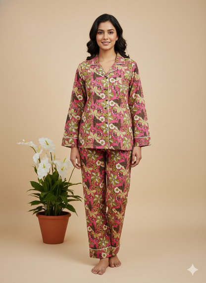 Luxury Hand-Block Floral Pajama Set | 100% Organic Cotton Sleepwear for Women | Artisan-Made Boho Loungewear with Matching Pouch