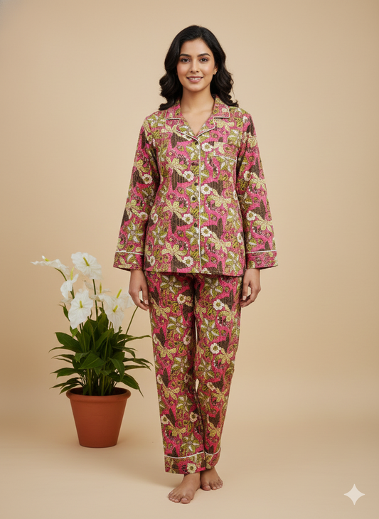 Luxury Hand-Block Floral Pajama Set | 100% Organic Cotton Sleepwear for Women | Artisan-Made Boho Loungewear with Matching Pouch