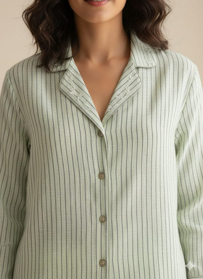 Women's Sage Green Striped 100% Cotton Pajama Set