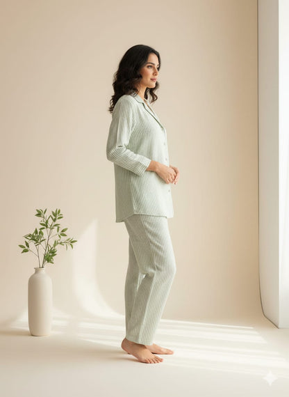 Women's Sage Green Striped 100% Cotton Pajama Set