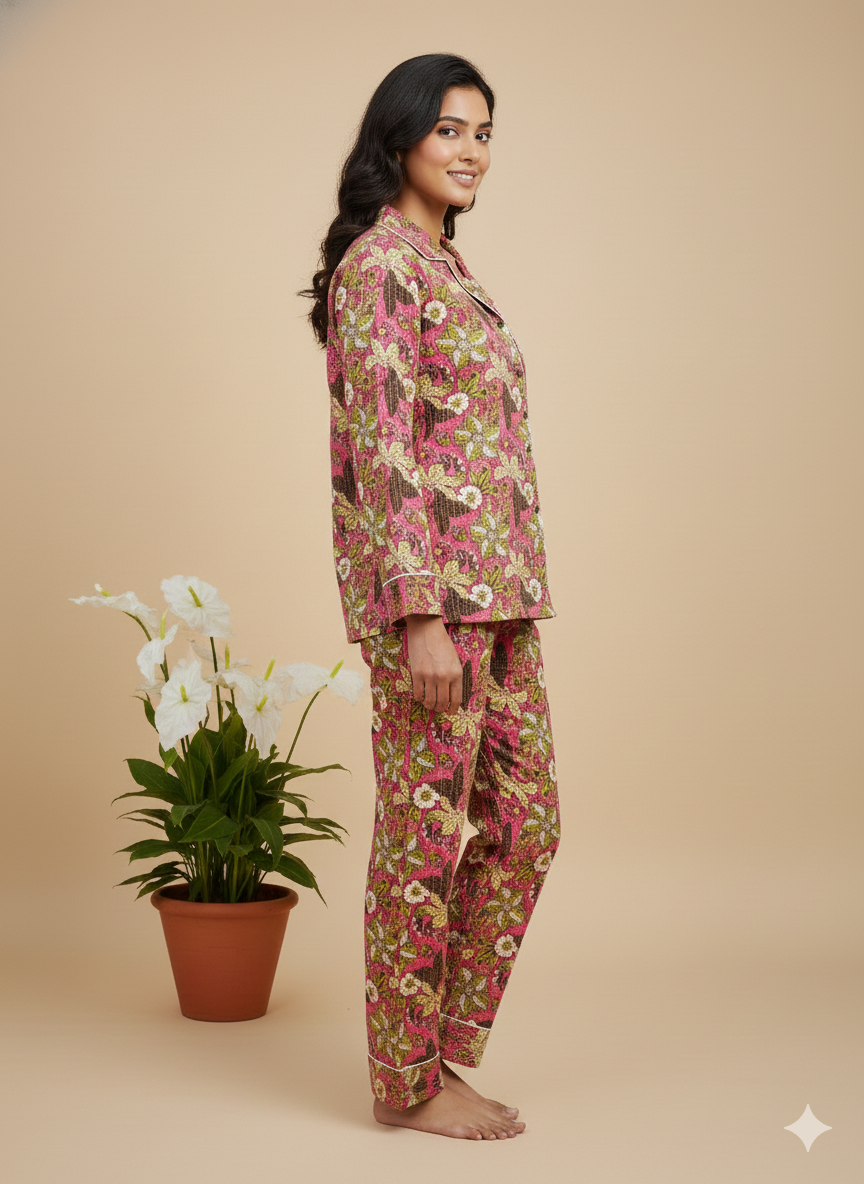 Luxury Hand-Block Floral Pajama Set | 100% Organic Cotton Sleepwear for Women | Artisan-Made Boho Loungewear with Matching Pouch