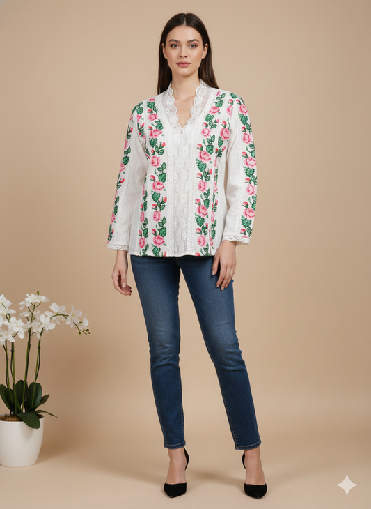 Pikaru Fashion Romantic Floral Embroidered Lace Top | Elegant V-Neck Boho Blouse for Women | Valentine's Day Special White Cotton Tunic | Long Sleeve Victorian Style Top for Spring & Summer