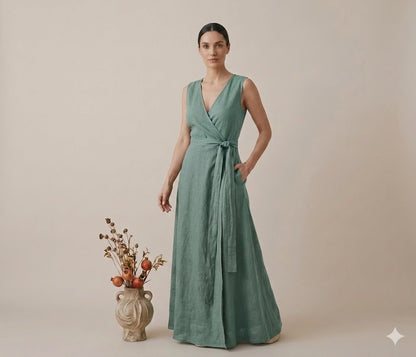 Sage Green Linen Sleeveless Wrap Maxi Dress