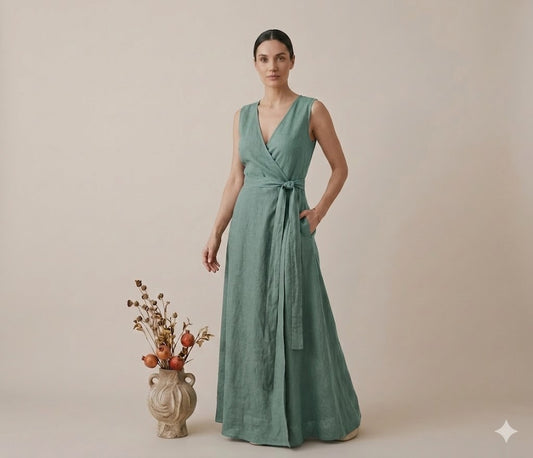 Sage Green Linen Sleeveless Wrap Maxi Dress