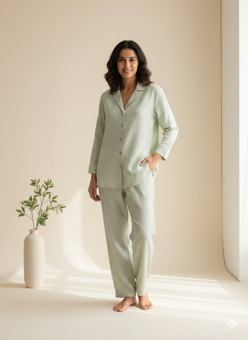 Women's Sage Green Striped 100% Cotton Pajama Set