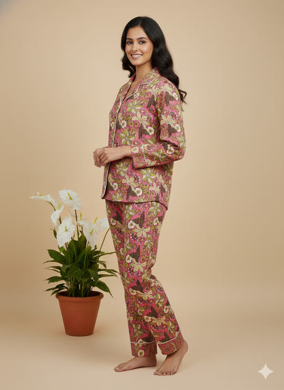 Luxury Hand-Block Floral Pajama Set | 100% Organic Cotton Sleepwear for Women | Artisan-Made Boho Loungewear with Matching Pouch