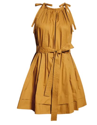 Mustard Yellow Cotton Halter Mini Dress – Adjustable Tie Shoulder Boho Sundress with Waist Tie Belt Best Product Description: