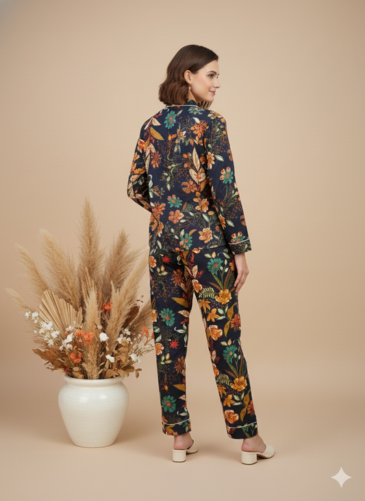 Luxury Hand-Block Print Pajama Set | 100% Organic Cotton Sleepwear for Women | Artisan-Made Boho Loungewear with Matching Gift Pouch