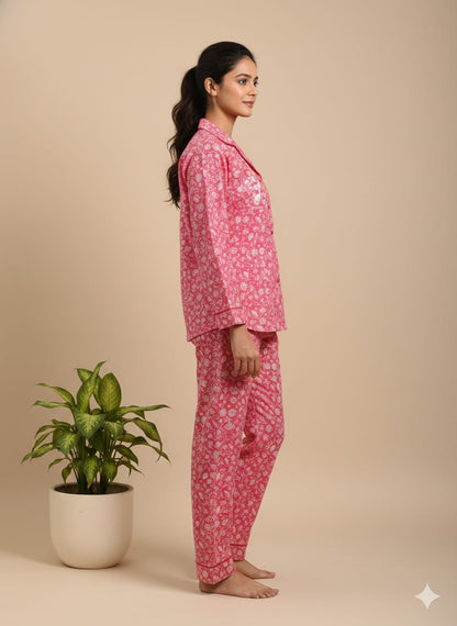 Women's Pink Floral 100% Cotton Pajama Set
