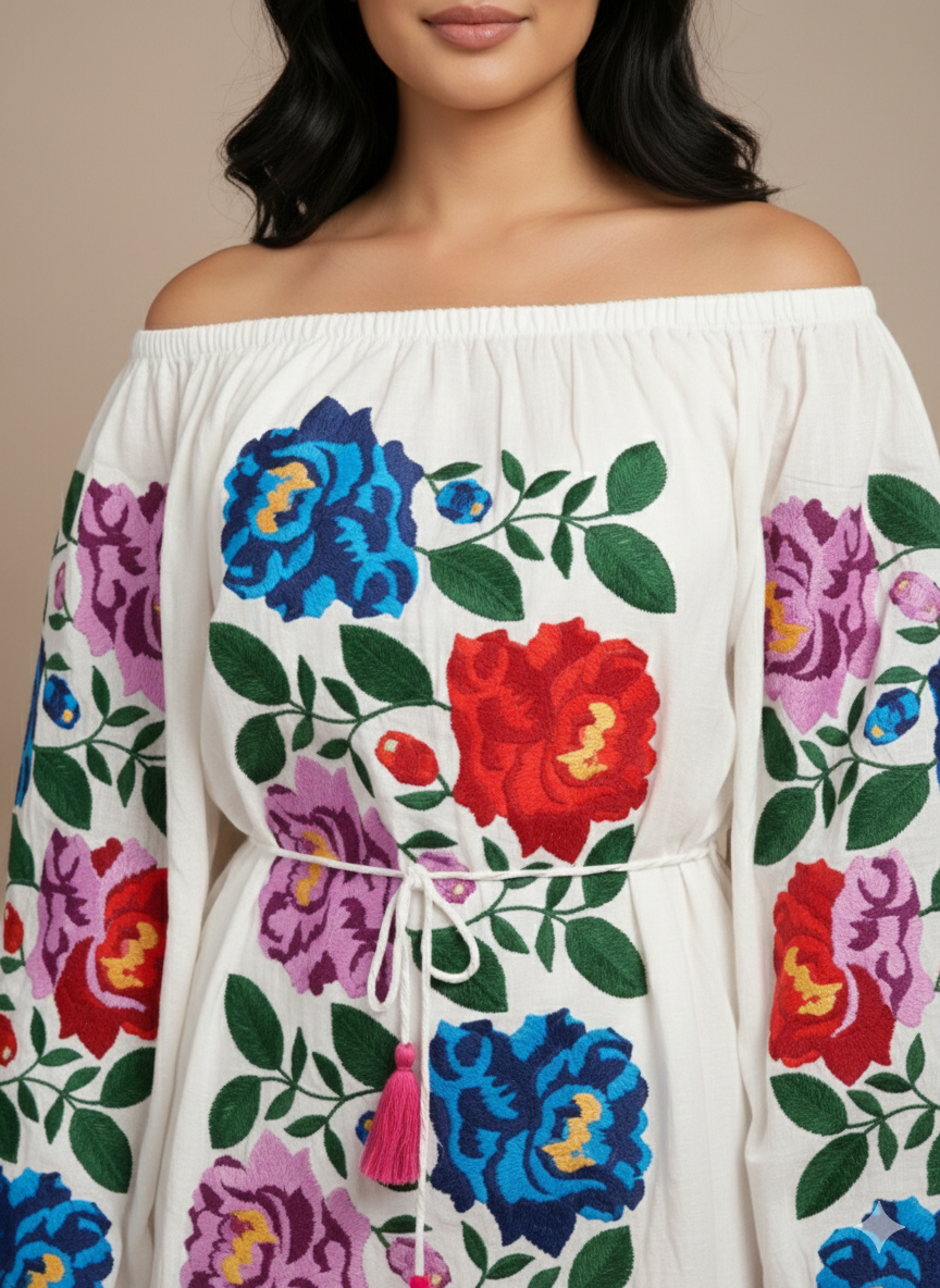 Pikaru Fashion Romantic Floral Embroidered Mini Dress | Elegant White Lace V-Neck Boho Dress | Valentine's Day Special Edition | Sustainable Cotton Victorian Style Dress for Women