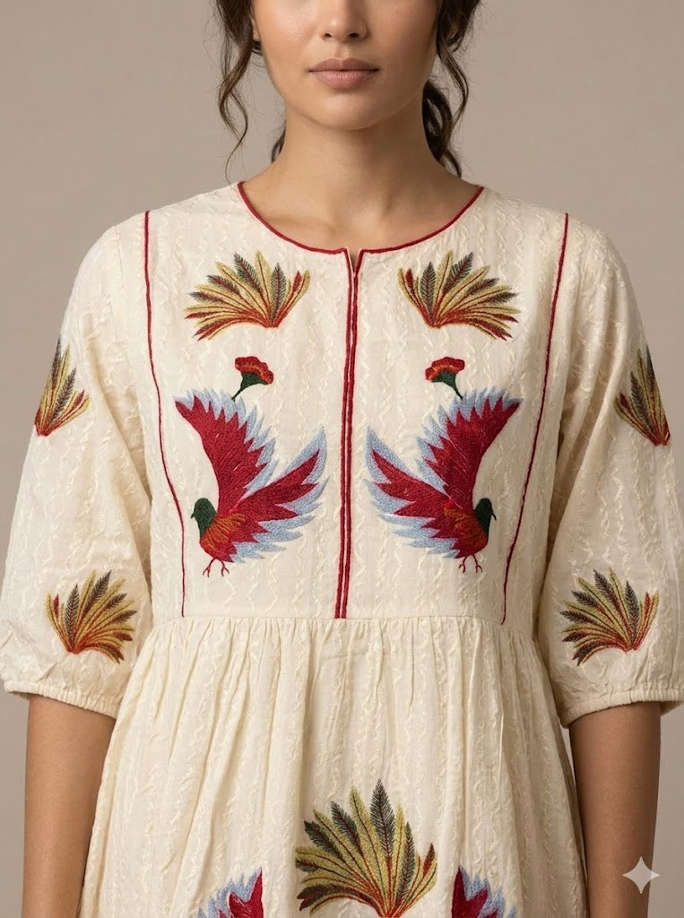 Cream Cotton Bird Embroidered Mini Dress