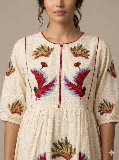 Cream Cotton Bird Embroidered Mini Dress