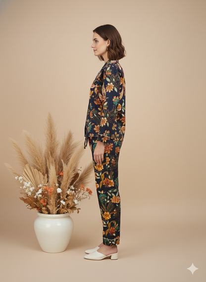 Luxury Hand-Block Print Pajama Set | 100% Organic Cotton Sleepwear for Women | Artisan-Made Boho Loungewear with Matching Gift Pouch