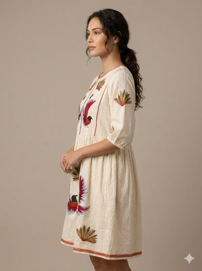 Cream Cotton Bird Embroidered Mini Dress