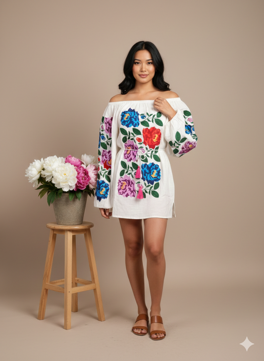 Pikaru Fashion Romantic Floral Embroidered Mini Dress | Elegant White Lace V-Neck Boho Dress | Valentine's Day Special Edition | Sustainable Cotton Victorian Style Dress for Women