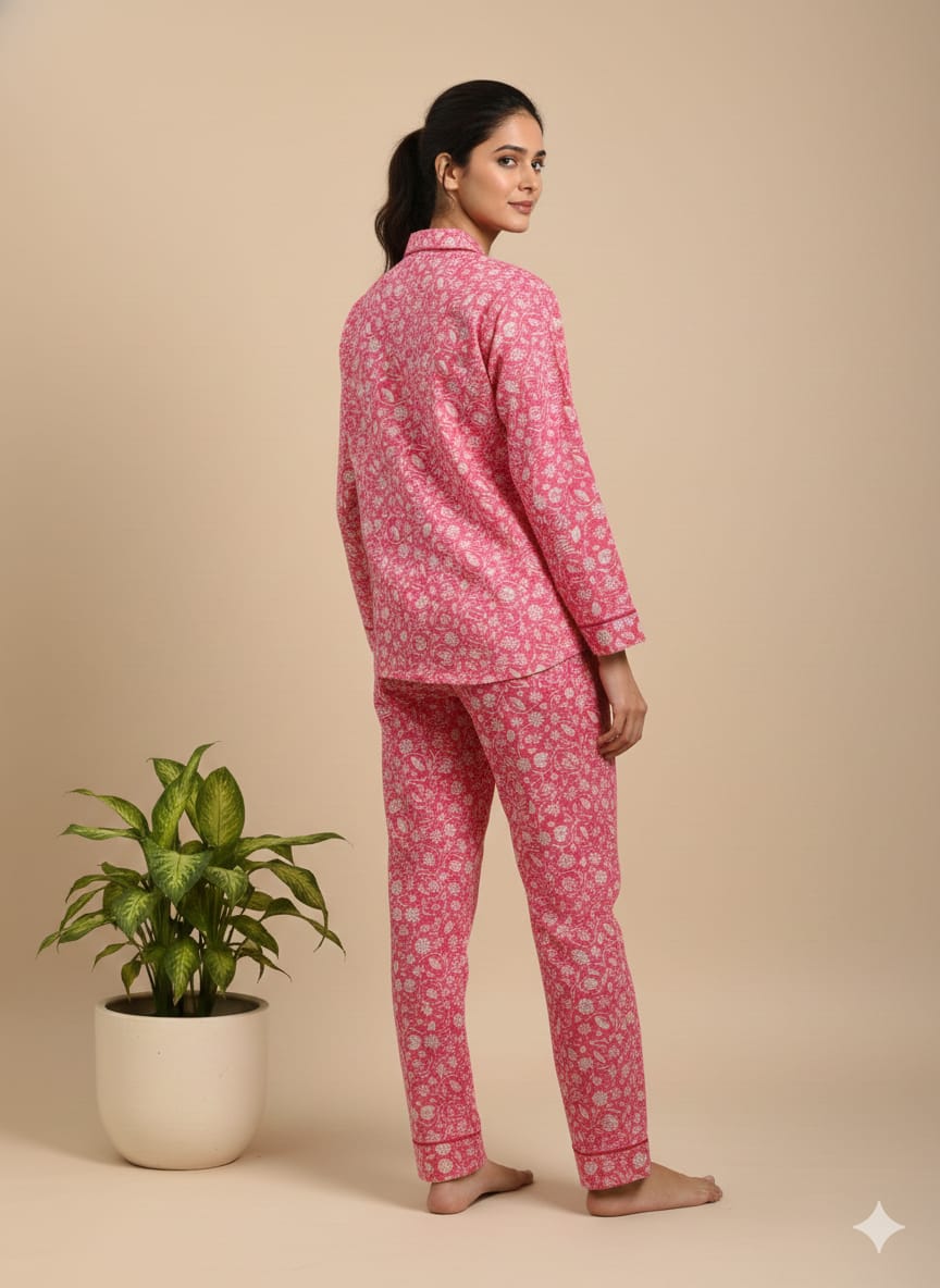 Women's Pink Floral 100% Cotton Pajama Set