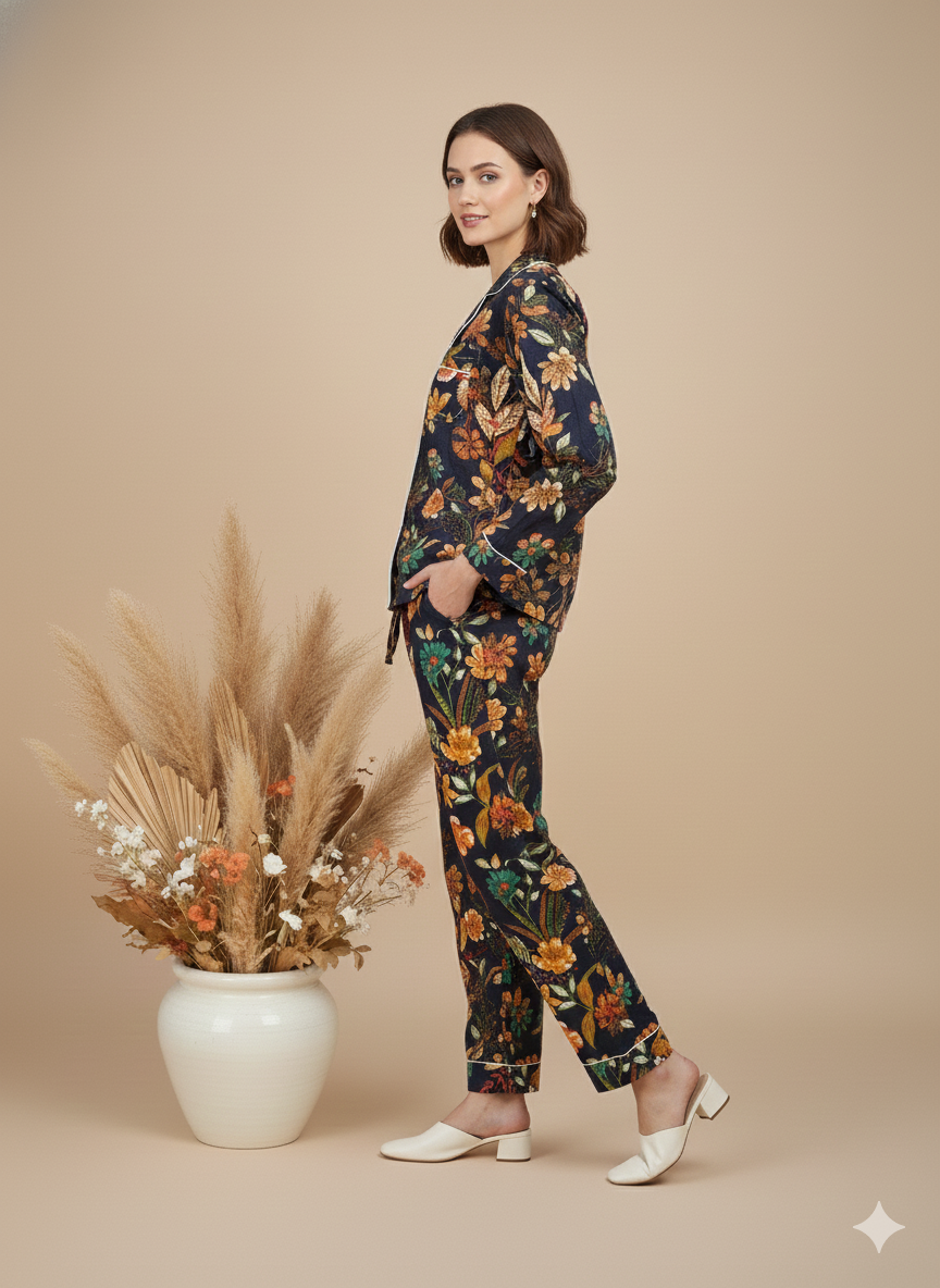 Luxury Hand-Block Print Pajama Set | 100% Organic Cotton Sleepwear for Women | Artisan-Made Boho Loungewear with Matching Gift Pouch