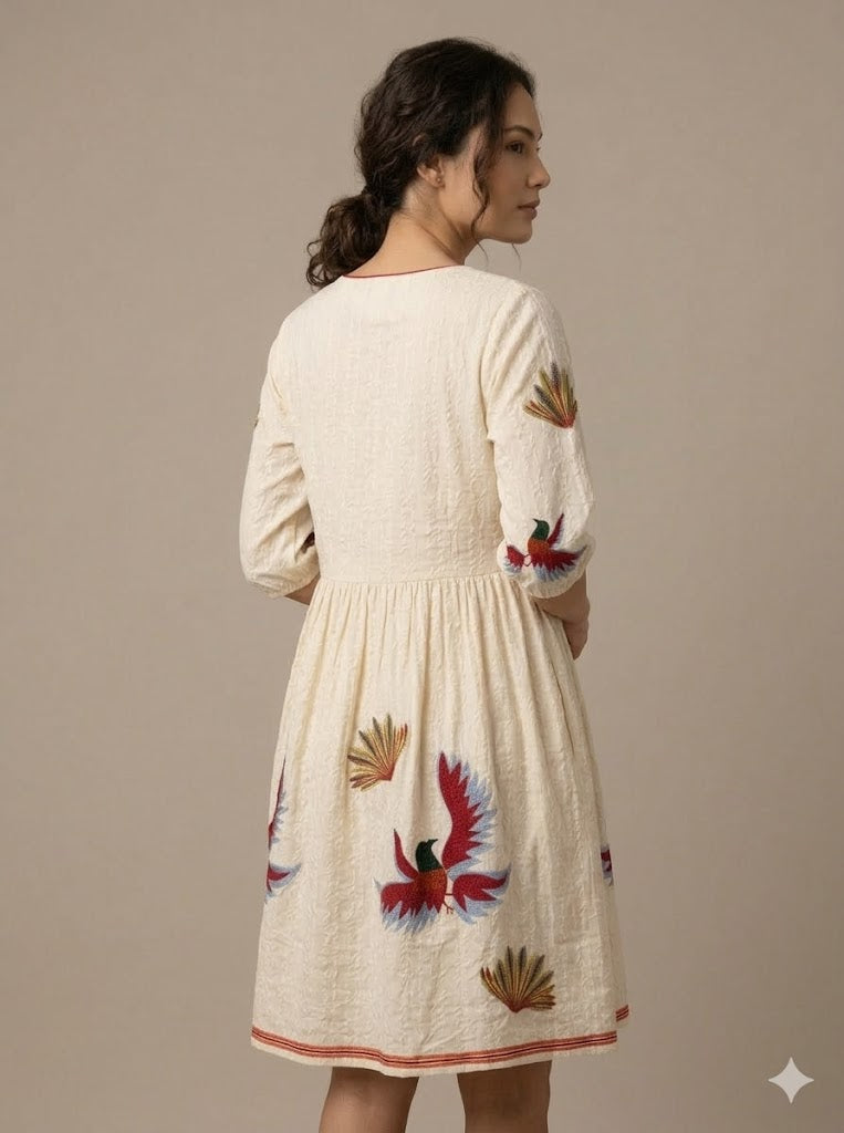 Cream Cotton Bird Embroidered Mini Dress