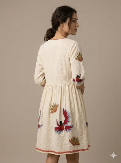Cream Cotton Bird Embroidered Mini Dress