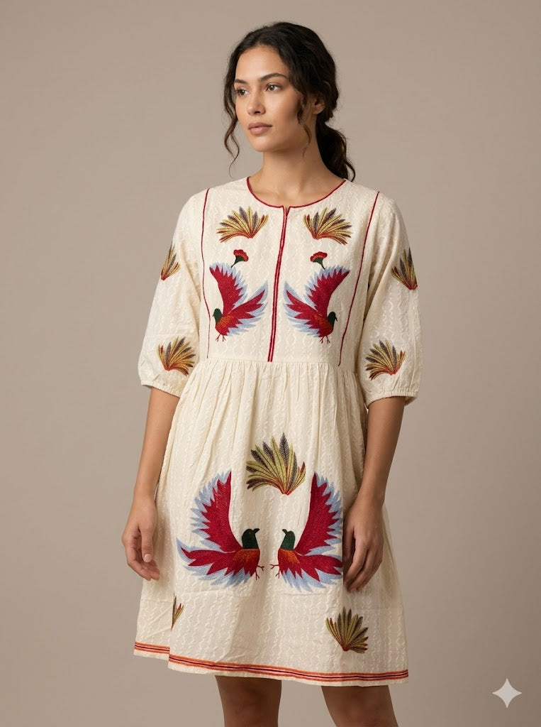 Cream Cotton Bird Embroidered Mini Dress